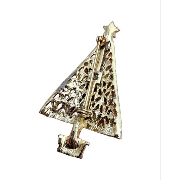 Multiple Color Rhinestone Gold Tone Triangle Christmas Tree Brooch - Picture 4 of 4